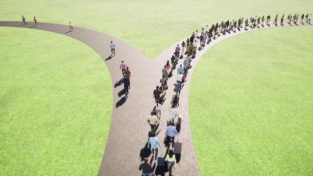A crowd of people walks along a fork in the road. One small part of the people goes to the left, the other large part of the crowd goes to the right 4k - Powered by Adobe