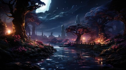 Mystical magical forest at night with glowing lights