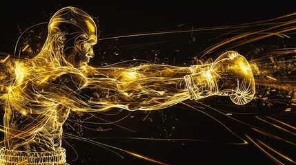 Golden lines illustrating a boxer in a fighting stance with dynamic lines showing power and intensity on a black background