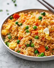 A plate of vibrant fried rice mixed with peas, carrots, and green onions, offering a delicious and colorful meal.
