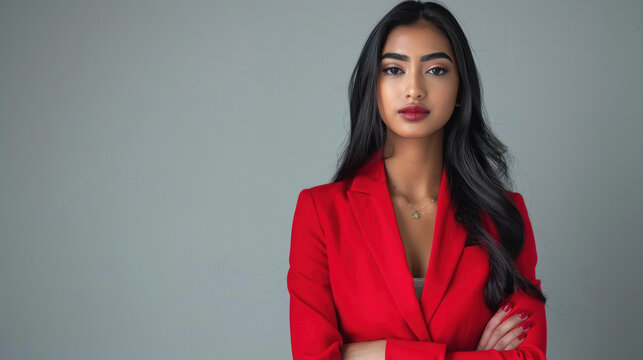 young woman manager in red suit