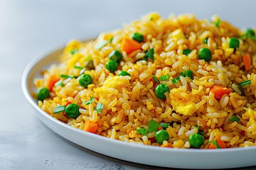 A plate of vibrant fried rice mixed with peas, carrots, and green onions, offering a delicious and...