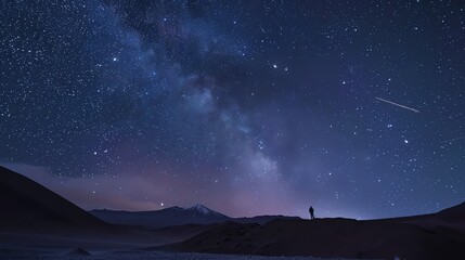 A lone figure stands under a starry night sky with the Milky Way galaxy visible and a shooting star in the distance.