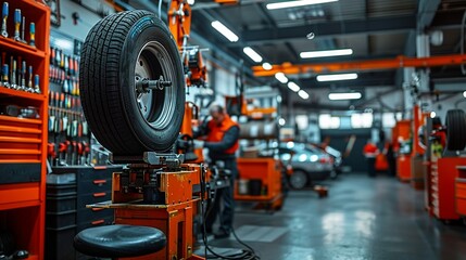 Fototapeta premium Inside a repair shop, a mechanic using a tire balancing machine, with neatly organized tool racks and other vehicles being serviced in the shop.