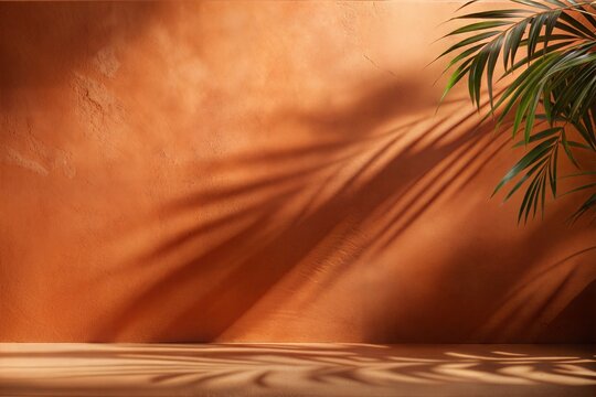 Warm Leaf Shadows on Terracotta Wall: A warm terracotta wall with subtle, blurred leaf shadows, perfect for earthy and rustic product displays.
