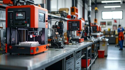 Inside a high-tech repair shop, a mechanic using a 3D printer to create custom parts, with other mechanics working on various projects and vehicles.