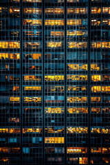 An office building at night, filled with glowing windows like the lights of an urban cityscape, captures the symmetrical arrangement and grid effect. 