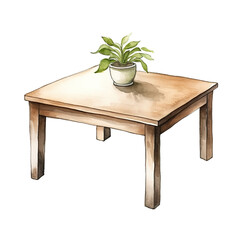 Fototapeta premium Watercolor illustration of wooden table with potted plant
