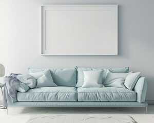 A minimalist living room with a baby blue sofa and a blank white frame on the wall, presenting a serene ambiance.