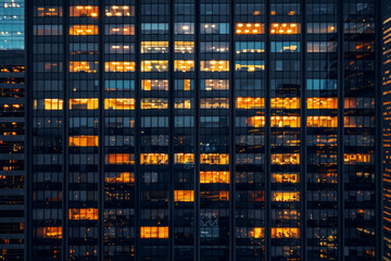 An office building at night, filled with glowing windows like the lights of an urban cityscape, captures the symmetrical arrangement and grid effect. 