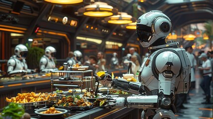Cyberpunk-themed food court within a space station, with futuristic food stalls, robotic chefs preparing meals, and customers enjoying exotic dishes.