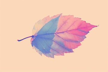 Artistic image of a colorful leaf with gradient hues of pink, blue, and peach on a light peach background, symbolizing nature's beauty and creativity.