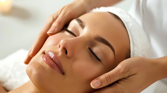 Woman receiving a relaxing facial massage at a spa. Perfect for wellness and beauty concepts promoting relaxation, skincare, and personal care.