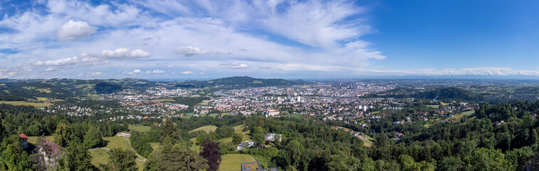 Fototapeta premium Panorama over the city of Linz in Upper Austria seen from the Pöstlingberg