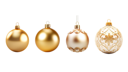 Four golden Christmas ornaments with different designs. transparent background