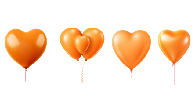Four orange heart-shaped balloons, isolated on transparent background.