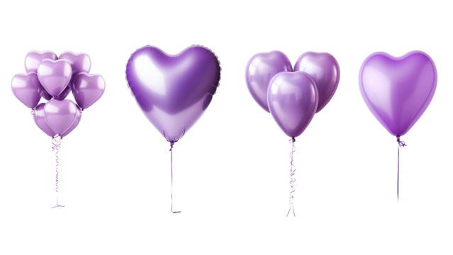 Four purple heart-shaped balloons isolated on transparent background.