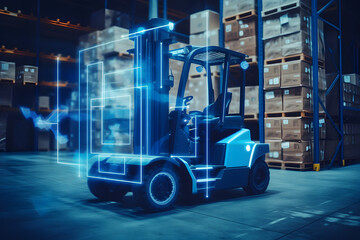  Futuristic Autonomous Forklift Drives on the Warehouse with Sensors Scanning Surrounding.