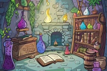 Cartoon cute doodles of a magical school where young wizards learn spells and potions, Generative AI