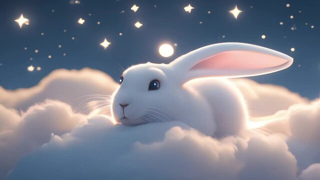 cute rabbit sleeping on cloud at night. Lullaby for babies. video template looping relax and nice dream on night 4k quality
