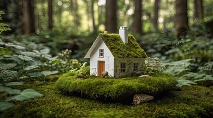 Wooden home friendly on grass. Wooden toy house in green grass banner copyspace. House in forest with greenery around