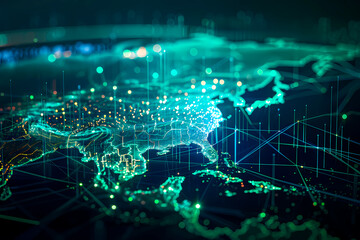 This digital art illustration showcases a high-tech digital world map with bright, glowing connection nodes and intricate lines