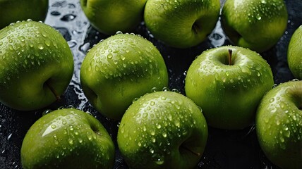 green apples in drops of water