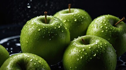 green apples in drops of water