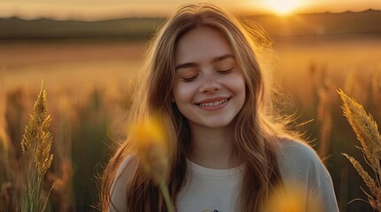 Portrait of a calm happy smiling free woman with her eyes closed enjoying a beautiful moment of life in a field at sunset	