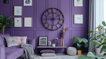 A purple accent wall featuring a large, modern clock with simple black hands and numbers, complemented by a series of white and gold framed photos arranged in a grid pattern.