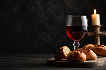 Communion  Holy.  Easter Communion Still life with chalice of wine and bread.