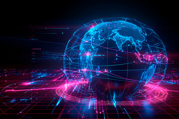 Obraz premium A digital art illustration of a rotating globe with bright network connections and pink highlights