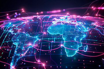 Fototapeta premium The illustration depicts a digital art rendition of a stylized world map with glowing connections between continents