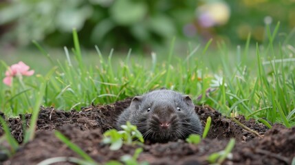 Obraz premium Children's Day, social practice class，Curious Mole Poking Its Head Out of the Garden Mound: Wildlife Exploration, Animal Research, 4K HD Wallpaper