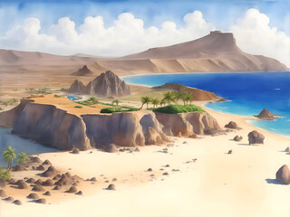 Santa Maria Cabo Verde Country Landscape Watercolor Illustration Art