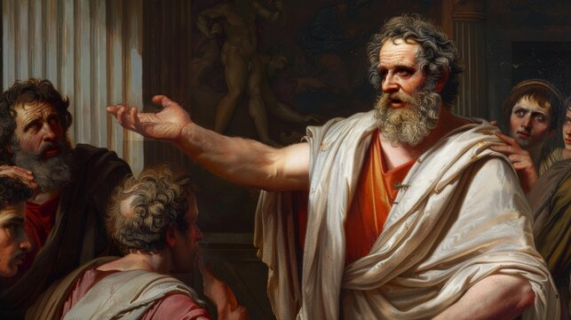 The image shows a painting of Socrates in ancient Greek clothing, delivering a speech or lecture to a group of men.