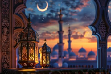 Obraz premium Islamic style lantern design for ramadan celebration with copy space