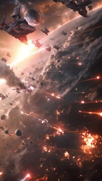 A chaotic space battle rages on, ships colliding amidst fiery explosions