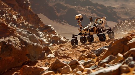 The Mars rover Curiosity explores the surface of Mars.