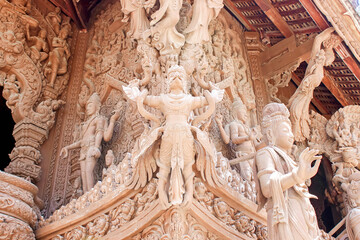 Detailed Hindu mythology carved on a temple wall, Sanctuary Of Truth, Pattaya, Thailand