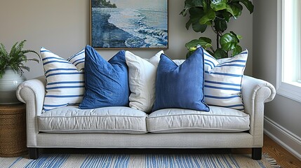 A set of blue and white striped throw pillows arranged on a gray sofa, adding a touch of coastal charm and comfort to the seating area.
