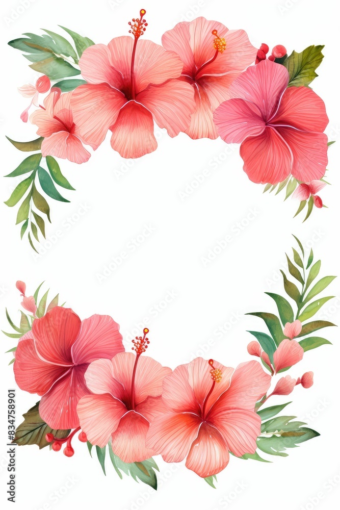 Sticker hibiscus themed frame or border for photos and text.with tropical blooms in shades of red and pink. watercolor illustration, white color background