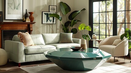 A teal coffee table with a glossy finish and a geometric base, providing a modern yet playful focal point for the living room space.
