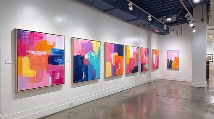 A series of colorful, abstract art pieces arranged in a gallery wall style on a white accent wall, adding a touch of vibrancy and modern art to the space.