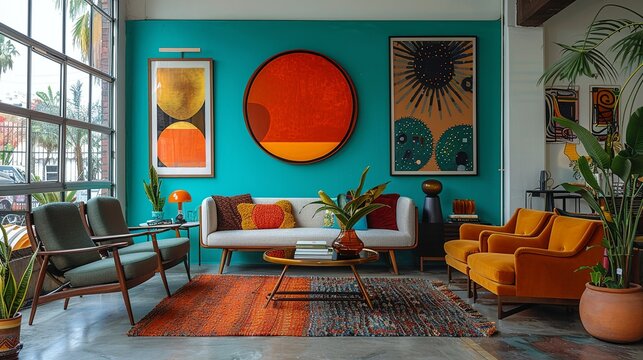 A turquoise accent wall adorned with a variety of colorful, modern art pieces, creating a vibrant backdrop for the minimalist furniture in the living room.