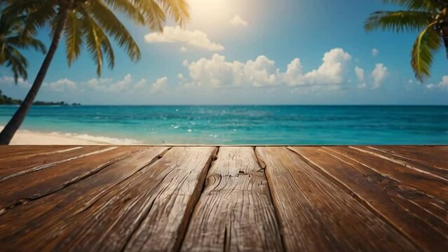 Empty wooden board on tropical beach summer background