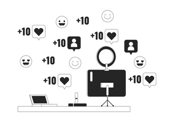 Makeup studio going viral on social media black and white 2D illustration concept. Tablet shooting cartoon outline object isolated on white. Receiving likes followers metaphor monochrome vector art