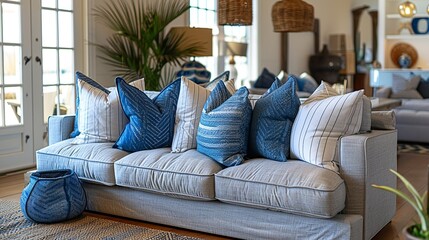 A set of blue and white striped throw pillows arranged on a gray sofa, adding a touch of coastal charm and comfort to the seating area.