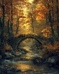 a river in a forest with a bridge, in the style of i can't believe how beautiful this is, scottish landscapes, environmental awareness, dark amber and amber, pont-aven school, enchanting realms, natur