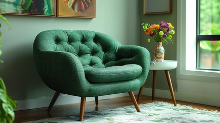 A green accent chair with a plush cushion and wooden legs, positioned beside a small, white side table holding a colorful vase of fresh flowers.
